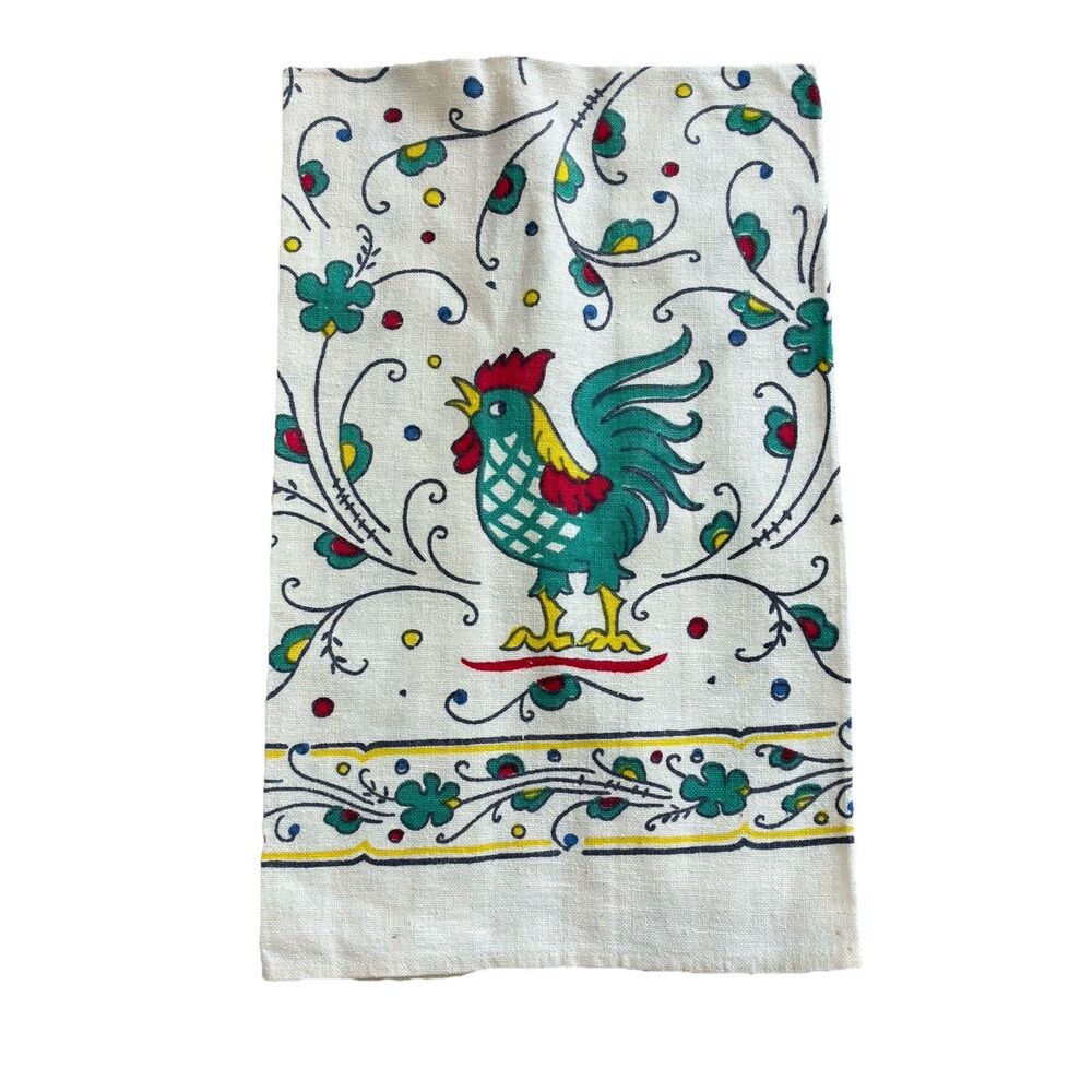 Vintage Linen Tea Hand Towel Rooster & Butterflies Teal Red
